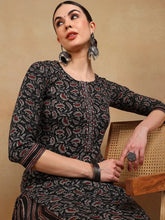 Women Black Viscose Rayon Embroidered Straight Kurta Pant Set-VKSKD2180